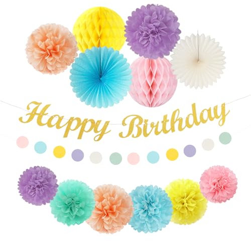 Fiori di carta colorati color pastello arcobaleno per feste di compleanno, 14 pezzi, lanterne a tema Carnevale Happy Banner Lanterne in tessuto, stelle filanti macaron, ghirlanda, ventagli a nido