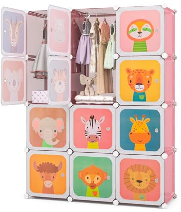 RELAX4LIFE Armadio Modulare a 8/12 Cubi per Bambini con 2 Barre Appendiabiti, 8/12 Ante, Mobile Salvaspazio per Cameretta e Asilo Nido, Portata di Ogni Cubo 10 KG (Animale-12 Cubi,Rosa)