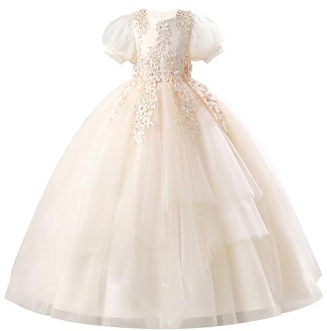 EFOGEP Robe de demoiselle d'honneur en dentelle florale - Manches courtes en tulle - Tutu - Robe de princesse pour enfant fille - Mariage - Communion - Fête - Robe de bal maxi - 5-11 ans, beige, 5-6