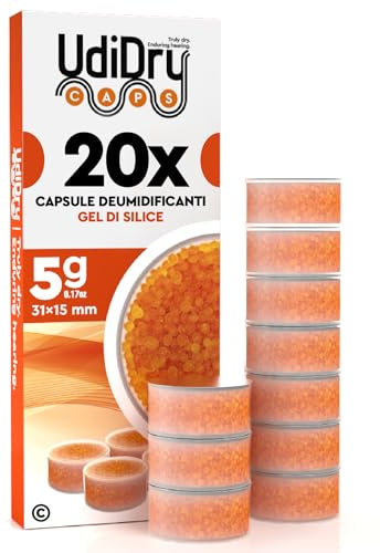 20 Capsule Deumidificanti per Apparecchi Acustici UdiDry Caps 5g (31mm) Anti Umidità con Gel di Silice di Alta Qualità - Capsule Essiccanti con Indicatore di Colore per Asciugatura Protesi Acustiche