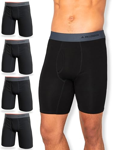 FM London 4-Pack Long Leg Bamboo Boxers Mens, Soft Anti-Chafe Mens Boxers