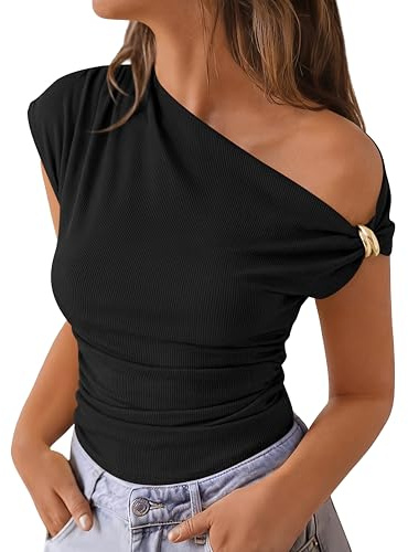 PRETTYGARDEN Womens Summer Off The Shoulder Crop Tops Ribbed Going Out Fitting T Shirts Trendy Spring Y2k Clothes 2026(Black,Large)