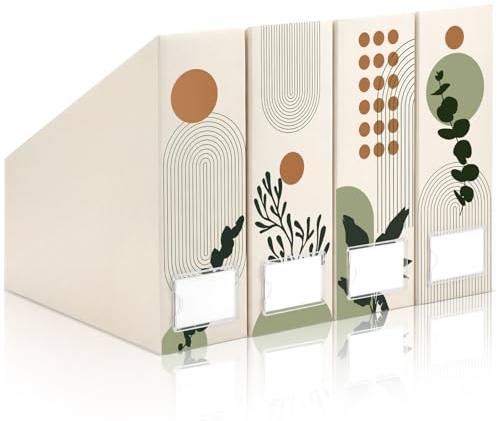 AmazingSpark Set of 4 Boho Plant Magazine Holder Decorative Foldable Magazine Storage Boxes with Acrylic Label Holders Coquettish Boho Organizer for Office Home Organization Storage