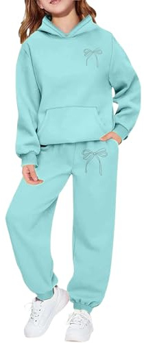 Kids Tracksuit Sets 2 Piece Girls, Kids 2 Piece Oversized Outfit with Bow Graphic Hoodie Jumpers and Track Pants Sportswear Outfit Activewear for Teenagers