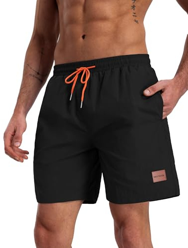 Hioutdoor Men's Swim Trunks with Zipper Pockets, Breathable Water-Repellent Beach Board Shorts, Quick-Dry Swimming Shorts for Training Beach Vacation Black