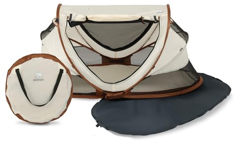 Deryan Baby & barn resesäng med madrass – från födseln upp till 4,5 år, Pop Up småbarnssäng bebistält på 2 sekunder, inklusive myggnät och resväska, snabb och kompakt vikbar, sand