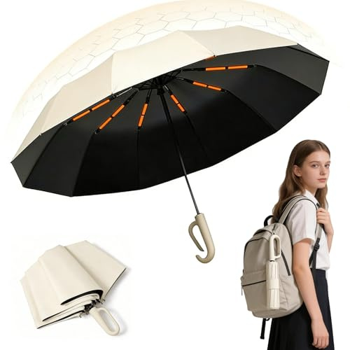 Sumlly Umbrellas with Hook Handle, Compact 12 Ribs Umbrella Women Men,Beige