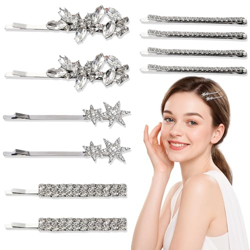 JNYUTEEN 10 Piezas Horquillas de Strass, Accesorios Plateados Brillantes para el Pelo Horquillas y Clip de Pelo, Accesorios de Novia para el Pelo Pinza Clip Pasador para Mujer Boda