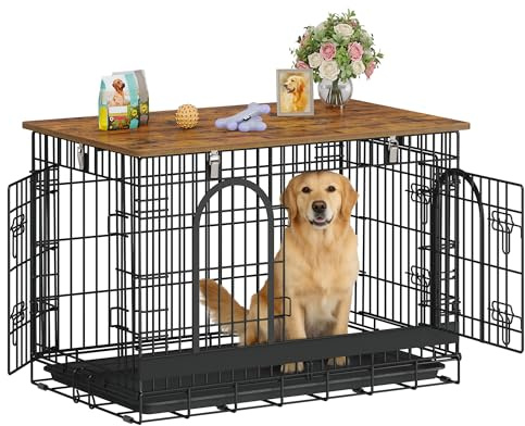 Hzuaneri Cage pour Chien, 94 cm Meuble Cage Chien en Fil, Noir Marron | Cage Épaissie Usage Intérieur/Extérieur, Pliable avec plateau, Taille L pour Chiens Petits/Moyens, 94 × 60 × 64 cm, DFC98501B