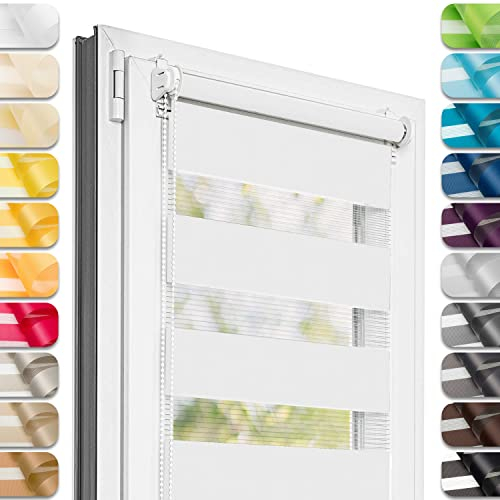 Estika Doppelrollo Klemmfix ohne Bohren - 80 cm x 120 cm - Weiß - 27 Stoff Farben, Tag und Nacht Duo Rollo, Rollos für Fenster ohne Bohren, Fenster sichtschutz (80 cm Stoffbreite)