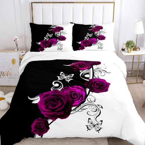 IUNTWEIE Juego de ropa de cama con flores de rosas 220x240 cm, juego de ropa de cama con estampado floral de microfibra con cremallera, ropa de cama suave, agradable y transpirable (Flores-3