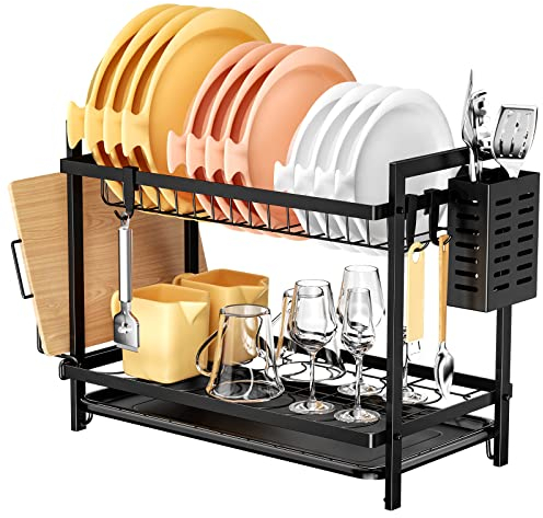 Fousenuk Égouttoir Vaisselle Cuisine à 2 Niveaux, Noir, sur Evier, avec bac Récupération Amovible et Porte-Couverts