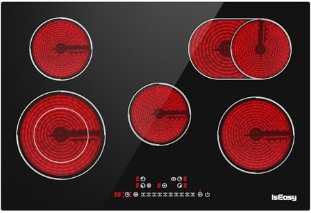 Plaque Vitrocéramique 5 Feuxs Encastrable, Table de Cuisson Vitrocéramique 5 Foyer, Plaque de Cuisson Electrique 8600W, Minuteur, Commande Tactile, 77cm x 52cm x 5.2cm Noir