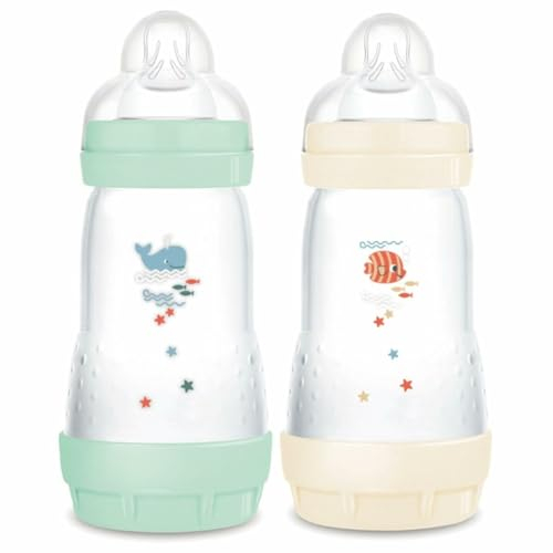 MAM - Easy Start Anti-Colic Babyflasche 2+ Monate mittlerer Durchfluss (2 x 260 ml) Minze + Baumwolle – Flasche zur Reduzierung von Koliken und Beschwerden des Babys – Babyflasche zum Stillen geeignet