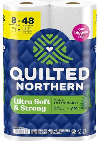 Quilted Northern Ultra Soft & Strong Toilet Paper, 8 Super Mega Rolls = 48 Regular Rolls, 5X Stronger*, Premium Soft Toilet Tissue