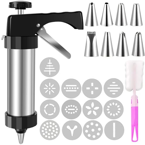 Abizarch Pressa per biscotti in acciaio inox, con 13 dischi e 8 punte per glassa, spazzola per la pulizia, multifunzione, riutilizzabile, utensile da cucina per la preparazione di biscotti (nero)