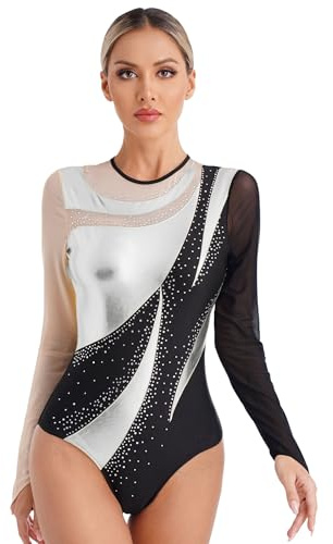 Freebily Body da Ginnastica per Donna Strass Leotard da Danza Classica Moderna Manica Lunga Abito da Pattinaggio Artistico Balletto Body da Ballo Latino Jazz Allenamento Argento C S