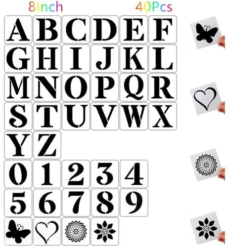 Lot de 40 pochoirs réutilisables en plastique pour lettres et chiffres de 20,3 cm pour peinture sur bois, mur, tissu, roche, tableau noir, panneaux, projets artistiques de bricolage