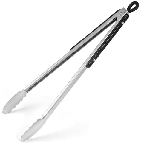17-Inch Long Wood-Handled Grill Tongs, Stainless Steel Metal Tongs for Cooking, Grilling, Charcoal, Barbecue/BBQ, Buffet