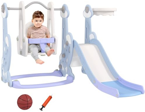 AIYAPLAY Rutsche 4-in-1 Kinderrutsche mit Schaukel, Basketballkorb, Klettergerüst, Kleinkinderrutsche mit Raketendesign Kinder Spielplatz für Indoor und Outdoor 1,5-4 Jahren Kinder Hellblau