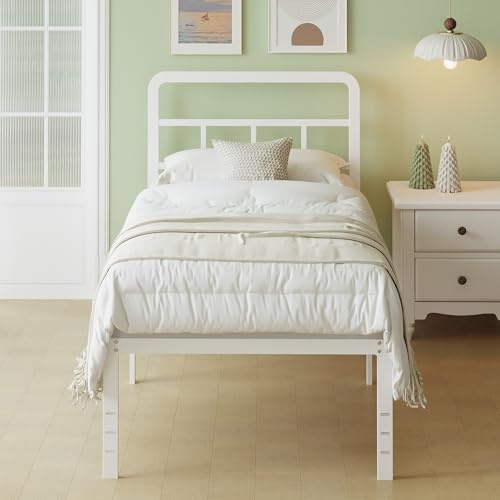 Lutown-Teen Camas Individuales 90x190 cm con cabecero Curvo, Marco de Cama de Metal con Soporte de Lamas de Acero, Altura 46 cm, Fácil Montaje, Libre de Ruidos, Blanco