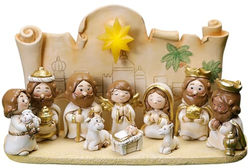 Odoukey julkrubba set med figurer LED Jesus krubba scen harts tecknad vattentät bordsskiva inomhus vit