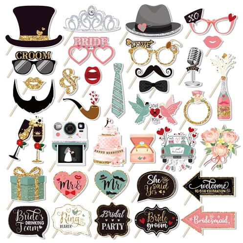 36 Pcs Wedding Photo Booth Props for Wedding Party Decoration Supplies, Weddings Theme Selfie Props Photography Backdrop Decorations for Weddings Party Favors