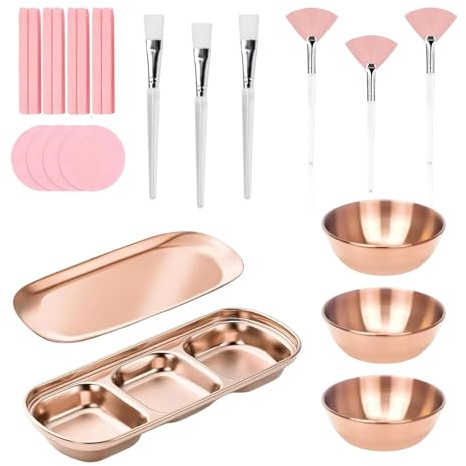 Oshhni Juego de 23 cuencos y brochas para esteticista, cuencos para mezclar mascarillas faciales, pinceles planos y de para salón de belleza y, Oro Rosa