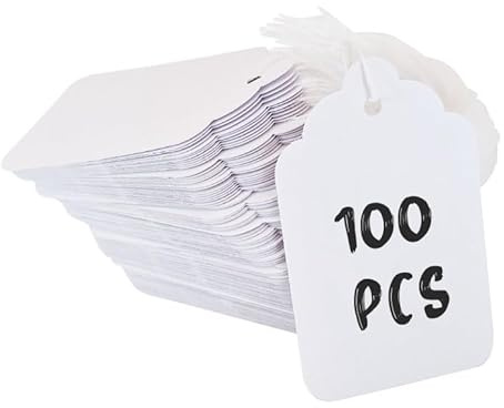 Swift Strung Tags White Card Clothing Parcel Label String Hanging Gift Swing Tickets Kraft Hang Price Labelling 73mm x 45mm (Pack of 100)