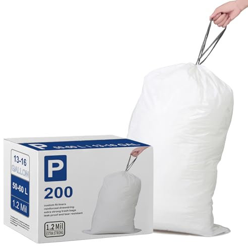 Code P 200 Count 13-17 Gallon Heavy Duty 1.2 Mil THICK Trash Bags with Reinforced Drawstring Compatible with simpIehuman Code P White Garbage Can Liners 45-65 Liter Leak-Proof Tear Resistant