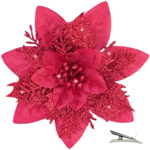 MIKAILE 20 Stück Weihnachten Glitzer Weihnachtsstern Blumen mit Clips, Poinsettia Weihnachtsblume Glitzernde für Weihnachtsbaum Dekorationen (Rot)