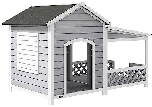 PawHut Wooden Dog House Outdoor with Porch, Cabin Style Raised Dog Shelter with Asphalt Roof, Doors, and Shutter Window, for Medium Large Sized Dog, Light Gray