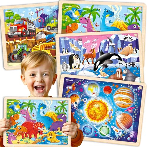 QUOKKA Barnleksakspussel Från 3 4 5 År - 4x36 Bitar Montessori-träpusselspel Från 3 År - Pedagogiska Spel Pussel Från 5 - Presentleksaksdjur Och Dinosaurier För Flickor Och Pojkar Från 6 7