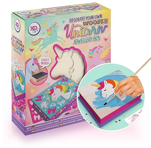 Grafix Boîte à Bijoux Licorne à Personnaliser de Coffret en Bois DIY - Kit de Loisirs Créatifs pour Filles - Intérieur en Velours - Inclus Peinture, Pinceau, Diamants Autocollants et Pochoirs