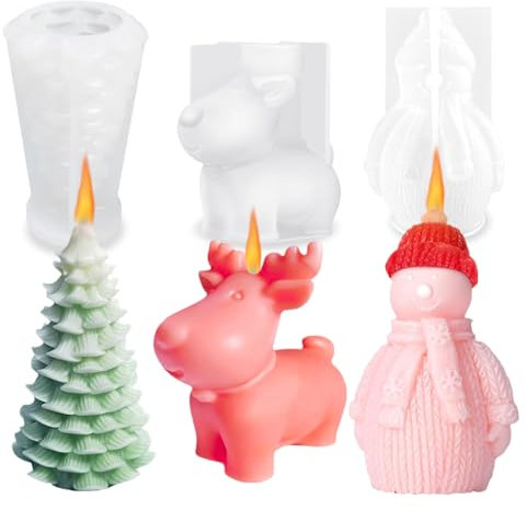 Golgner 3 Stück 3D Weihnachtsbaum Kerzenform, Weihnachten Schneemann Kerzenform, Elch Kerzengießform, 3D Silikonform Weihnachten für Kerzen Gießen, Aroma Gips DIY Kerzenherstellung