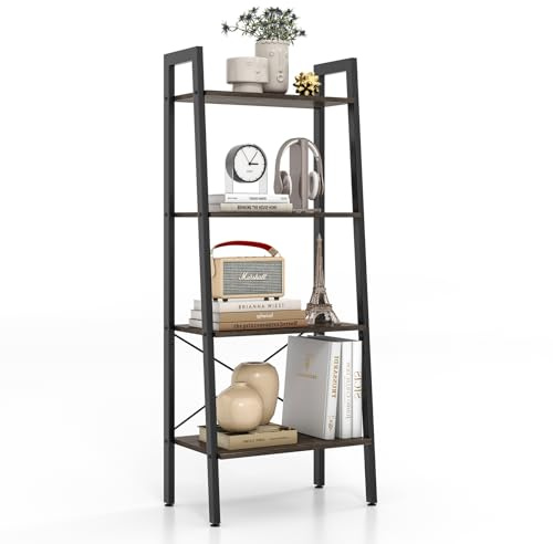 HOMASIS Scaffale autoportante a 4 livelli, scaffale a scala con piedini regolabili, scaffalatura in metallo con dispositivo antiribaltamento, per soggiorno, camera da letto (Rovere Grigio)