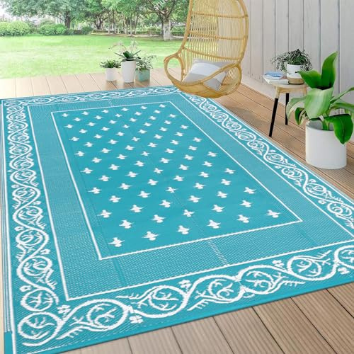 Pauwer Waterproof Outdoor Rug 6x9, Reversible Plastic Straw Patio Camping Rug, Indoor Outdoor RV Mat Carpet for Deck, Camper, Porch, Balcony, Backyard, Picnic, Bordered Teal