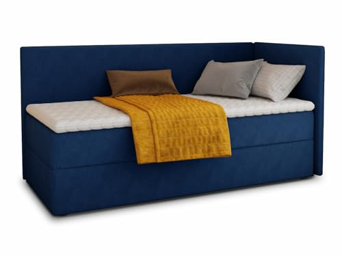 Sofnet Boxspringbett Flame mit Bettkasten - Einzelbett mit Bonell-Matratze und Topper, Polsterbett, Universelle Bettseite, Bett, Schlafzimmer, Kinderzimmer (Dunkelblau (Kronos 09), 90 x 200 cm)