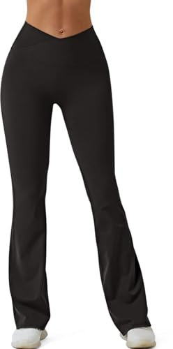 REORIA Damen Yoga Hosen Einfarbige Jogginghose Leggings Schlaghose Mit Kreuzbund und weitem Bein Schwarz M