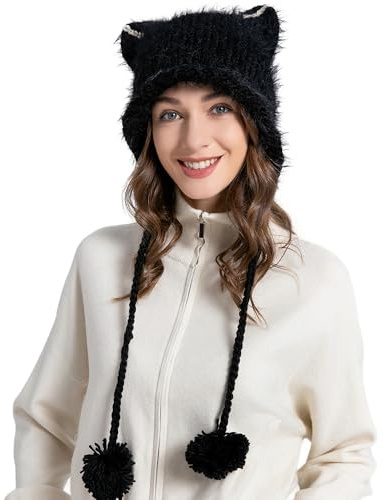 ZLYC Women Crochet Hat Knit Cat Ear Slouchy Beanie Cute Vintage Grunge Fuzzy Hat,Pom Pom Black