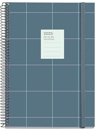 Miquelrius - Dagskalender 2025, årlig dagbok 155 x 213 mm, dagskalender, fodrad kartongomslag, Spiral, elastisk gummiförslutning, 80 g/m² papper, katalanska, engelska och portugisiska, linjer