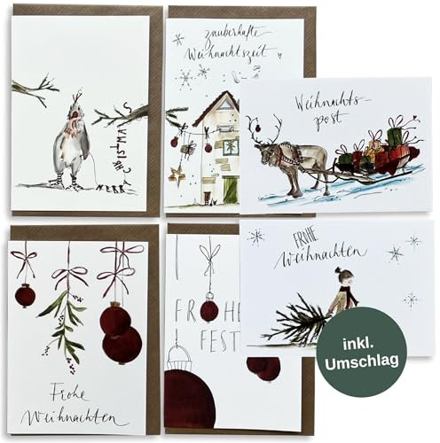 Set di biglietti di Natale | 4 biglietti pieghevoli DIN A6 con busta marrone | 2 cartoline DIN A6 | incantevoli motivi dipinti a mano | Carte ad acquerello con lettering a mano