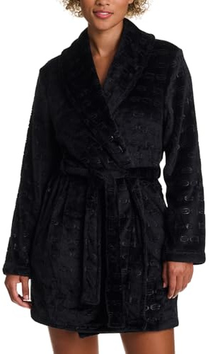 bebe Debossed Logo Black Robes for Women, Soft and Fluffy Robe, Cozy Plush Bathrobe, Gifts for Her (Black Beauty, Medium)