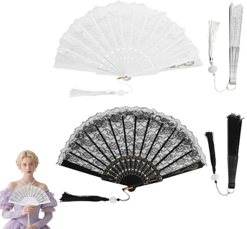 DAWRIS Éventail à main en dentelle, éventail de mariage blanc et noir, éventail pliable en tissu petit éventail de mariage pliable éventail de mariée éventail en dentelle pour femme bal de fin d'année