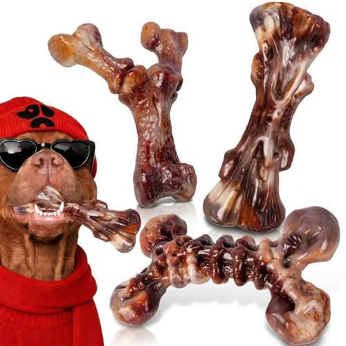 Kseroo 3-Pack Indestructible Dog Chew Toys for Aggressive Chewers: Bacon Flavored Rock-Hard Solid Nylon, Tough Dog Bones for Medium/Large Dogs 25-90lbs, Heavy Duty Dog Toys to Keep Them Busy, Brown-XL