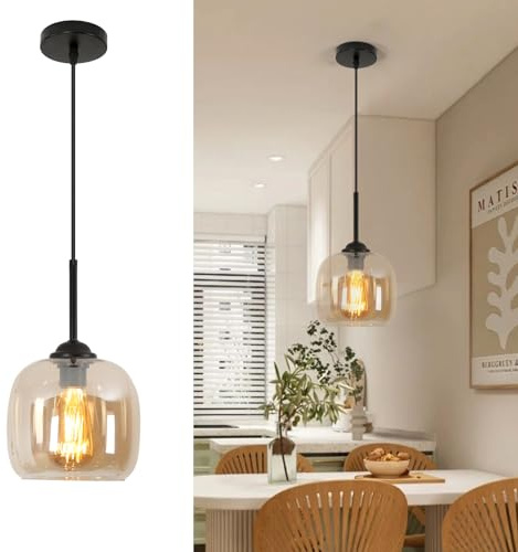 Mckalen Lampada a sospensione Moderna, Lampadario in Vetro Ambra, Filo Sospeso Regolabile, Lampadario per Cucina, Tavolo da pranzo, Camere da letto (E27, Escluse le lampadine)