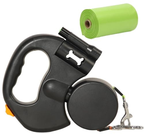 3 Meter Double Retractable Dog Leash for Walking 2 Dogs, 360° No-Tangle Lead with One-Hand Brake, Reflective LED Light and Poop Bag Holder (Black)