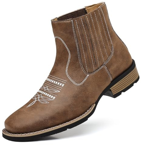 Bottes Cowboy Homme Western Bottines Cheville en Cuir PU Chelsea Slip-on Bout Rond Motif Brodé Rétro Classique Ranch Durable Confortable Mode Décontractée,Marron,43 EU