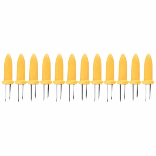 12 soportes para mazorcas de maíz, acero inoxidable y polipropileno, amarillo, mango antideslizante, pinchos para mazorcas de maíz para barbacoa, camping, celebraciones familiares