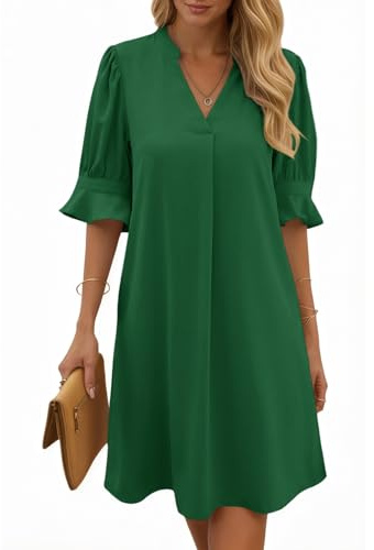 Cicy Bell Abito estivo da donna, elegante, a mezza manica, con scollo a V, per il tempo libero, tinta unita, casual, a linee A, abito corto